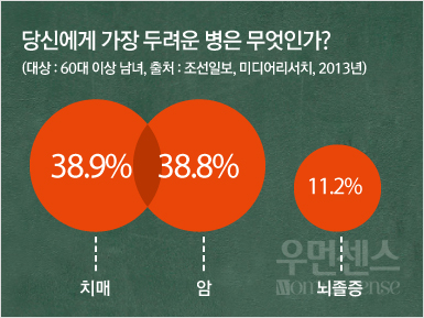 당신에게 가장두려운 병은 무엇인가?(대상:60대이상 남녀, 출처:조선일보,미디어리서치,2013년) -치매 38.9%, 암38.8%, 뇌졸증 11.2%