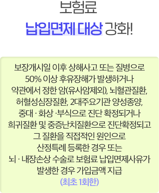 보험료 납입면제 대상 강화! 자세한 사항은 상담원에게 문의해주세요