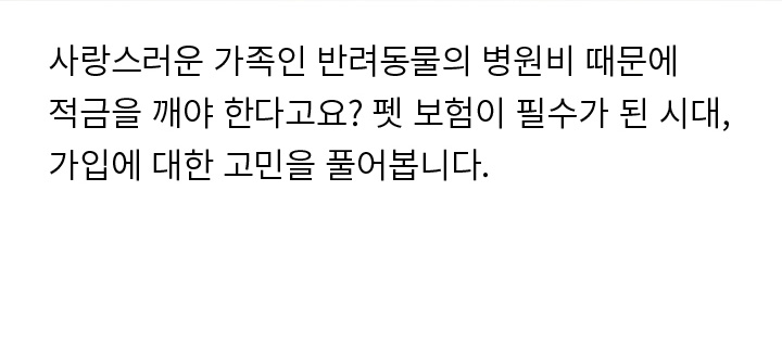 사랑스러운 가족인 반려동물의 병원비 때문에 적금을 깨야 한다고요? 펫 보험이 필수가 된 시대, 가입에 대한 고민을 풀어봅니다.