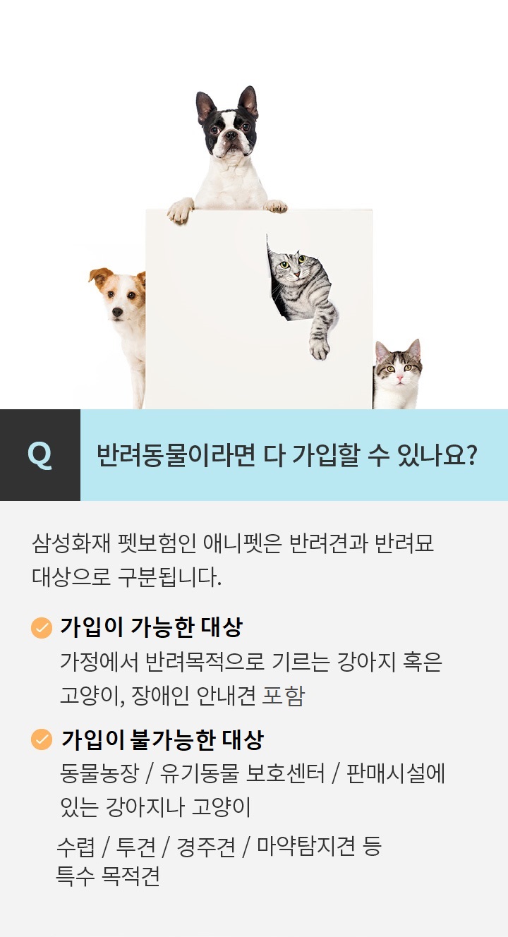 Q 반려동물이라면 다 가입할 수 있나요? 삼성화재 펫보험인 애니펫은 반려견과 반려묘 대상으로 구분됩니다.