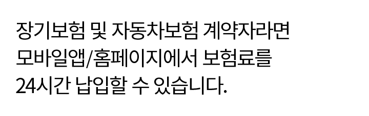 장기보험 및 자동차보험 계약자라면 모바일앱/홈페이지에서 보험료를 24시간 납입할 수 있습니다.