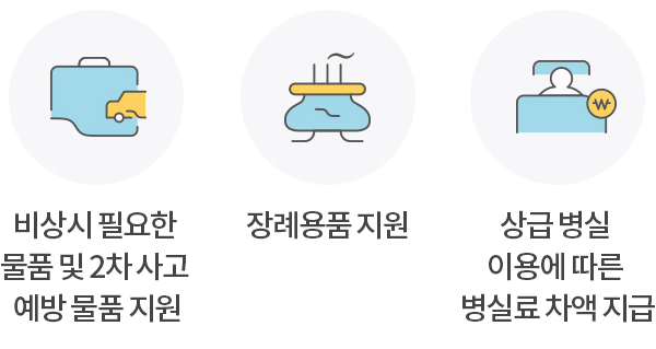 비상시 필요한 물품 및 2차 사고 예방 물품 지원장례용품 지원상급 병실 이용에 따른 병실료 차액 지급