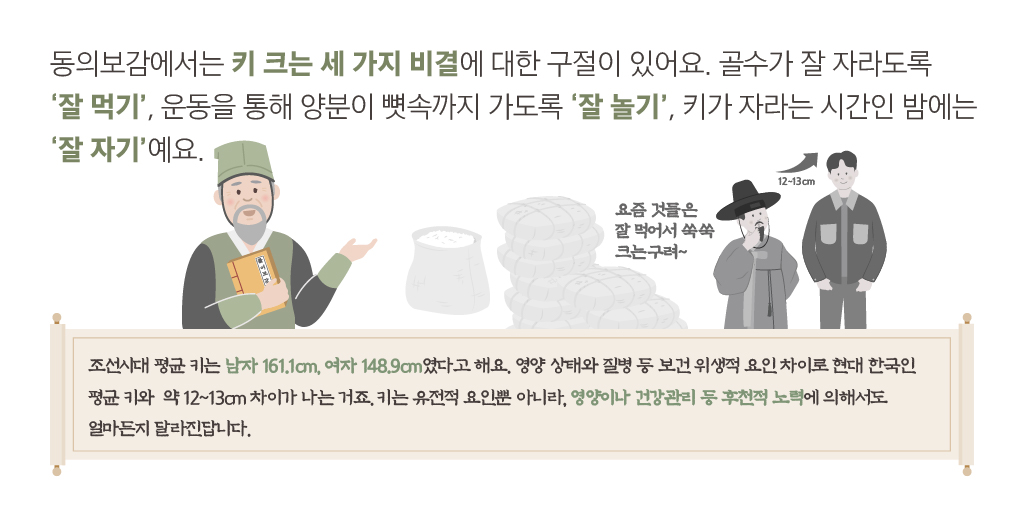 동의보감에도 키 크는 세 가지 비결에 대한 구절이 있어요. 골수가 잘 자라도록 ‘잘 먹기’, 운동을 통해
							양분이 뼛속까지 가도록 ‘잘 놀기’, 키가 자라는 시간인 밤에는 ‘잘 자기’예요. 조선 시대 평균 키는 남자 161.1cm, 여자 148.9cm였다고 해요. 영양 상태와 질병 등 보건 위생적 요인 차이로 현대 한국인 평균 키와 약 12~13cm 차이가 나는 거죠. 키는 유전적 요인뿐 아니라, 영양이나 건강관리 등 후천적 노력에 의해서도 얼마든지 달라진답니다.