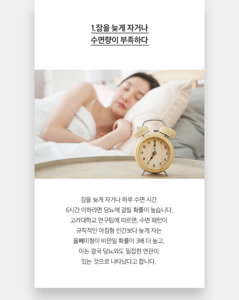 1.잠을 늦게 자거나 수면량이 부족하다 잠을 늦게 자거나 하루 수면 시간  6시간 이하라면 당뇨에 걸릴 확률이 높습니다. 고려대학교 연구팀에 따르면, 수면 패턴이 규칙적인 아침형 인간보다 늦게 자는 올빼미형이 비만일 확률이 3배 더 높고, 이는 결국 당뇨와도 밀접한 연관이 있는 것으로 나타났다고 합니다.